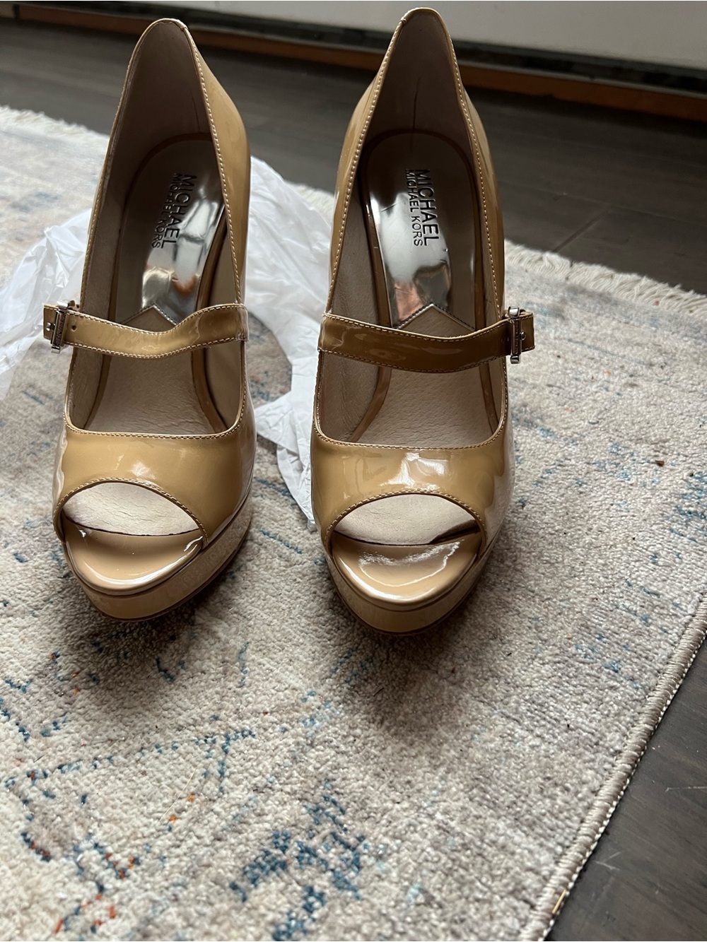 Michael Kors Tan Patent Leather Peep-Toe Mary Jane Pumps
